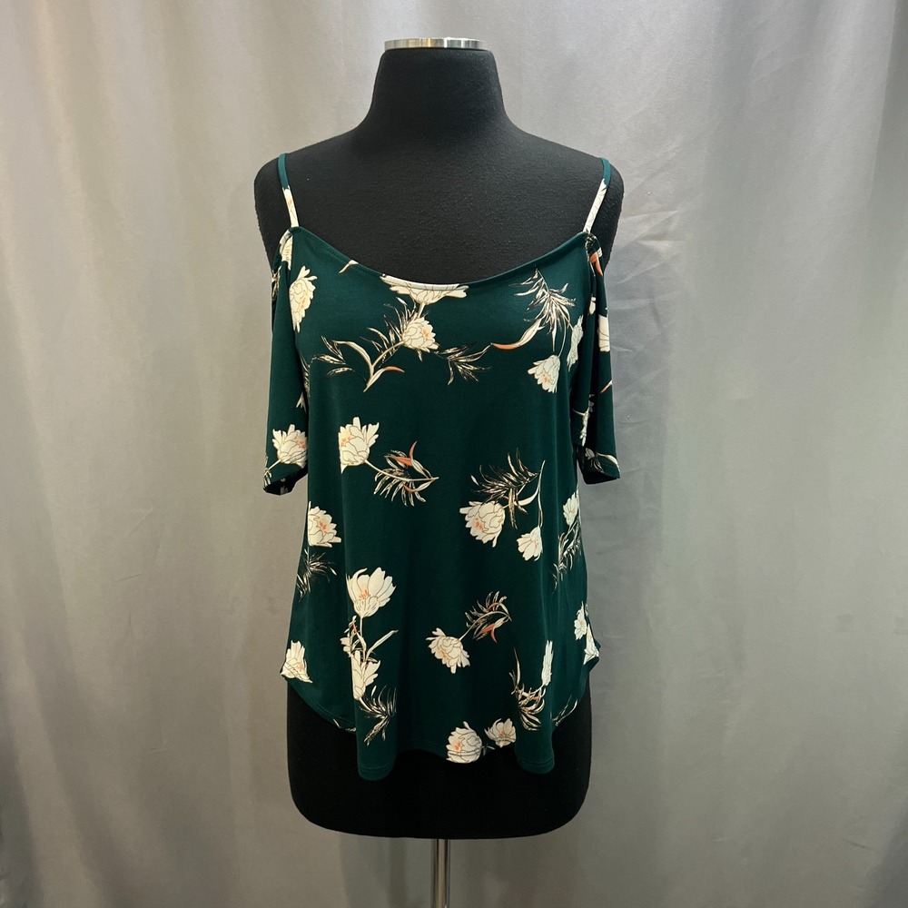 Kaileigh Cold Shoulder Blouse Womens Small Green White Floral Print Strappy Back